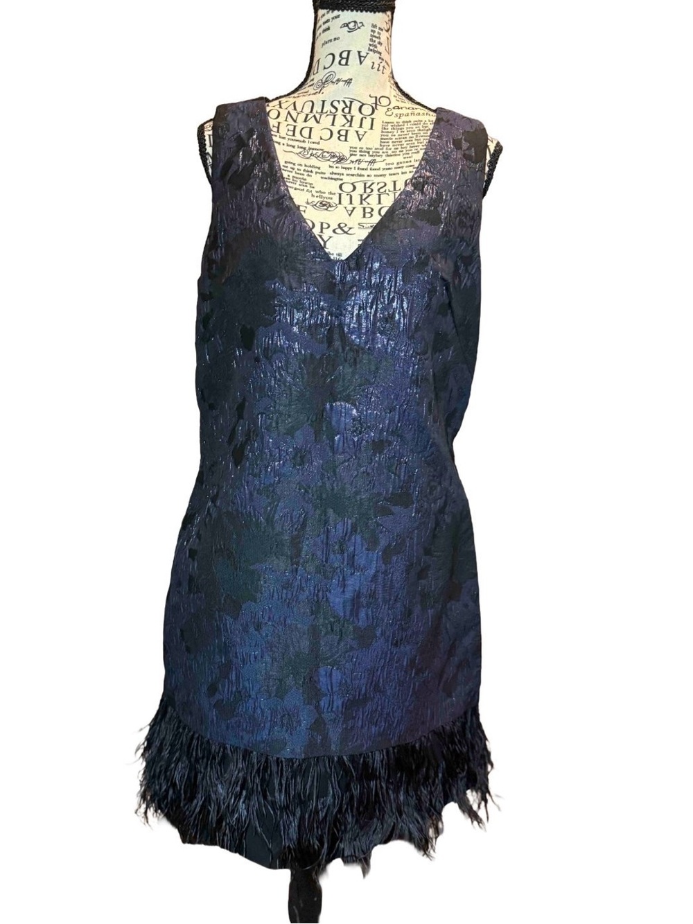 BCBGMAXAZRIA Caterina Sequin & Ostrich Feather Dress - Midnight Blue - L